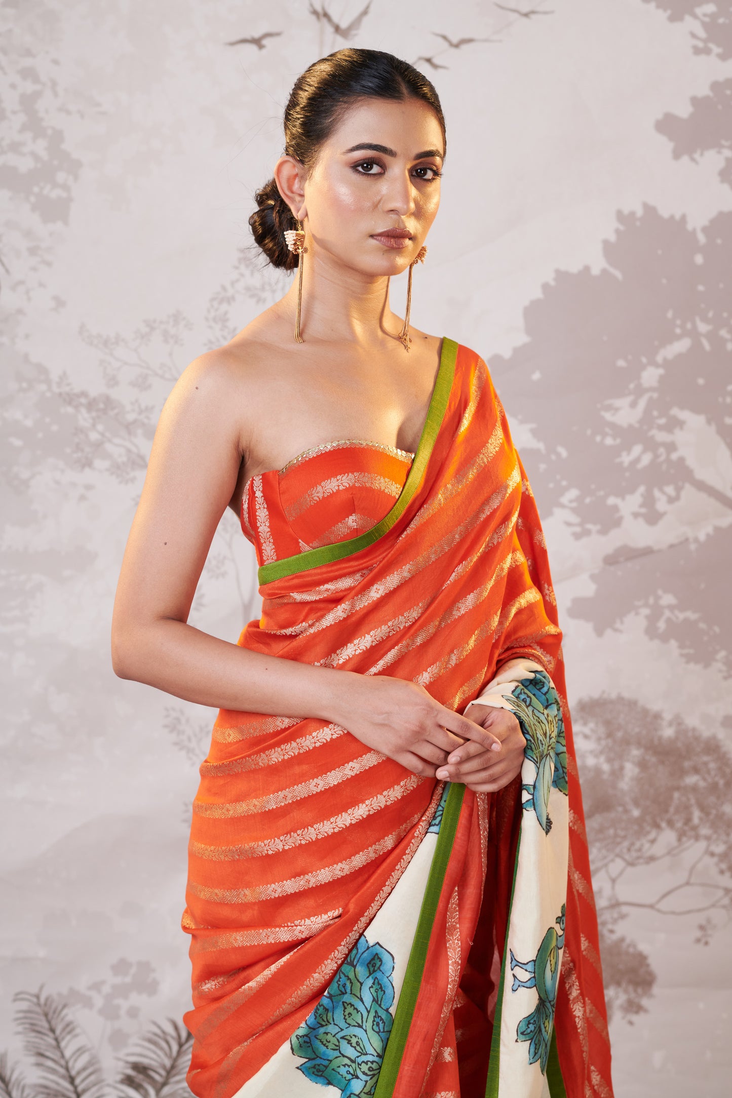 Tangerine Orange Peacock Hand-Painted Kalamkari Saree Set