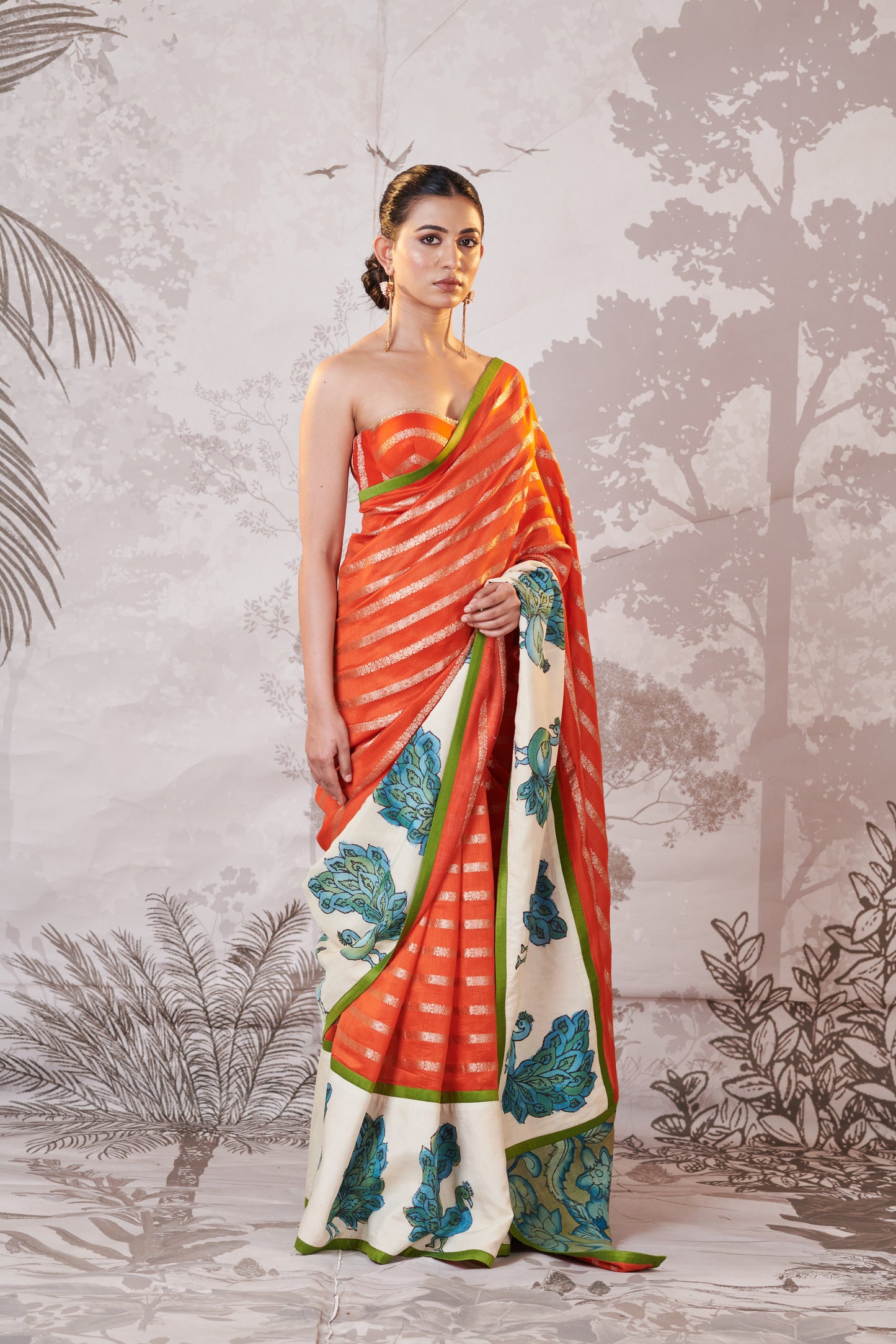 Tangerine Orange Peacock Hand-Painted Kalamkari Saree Set