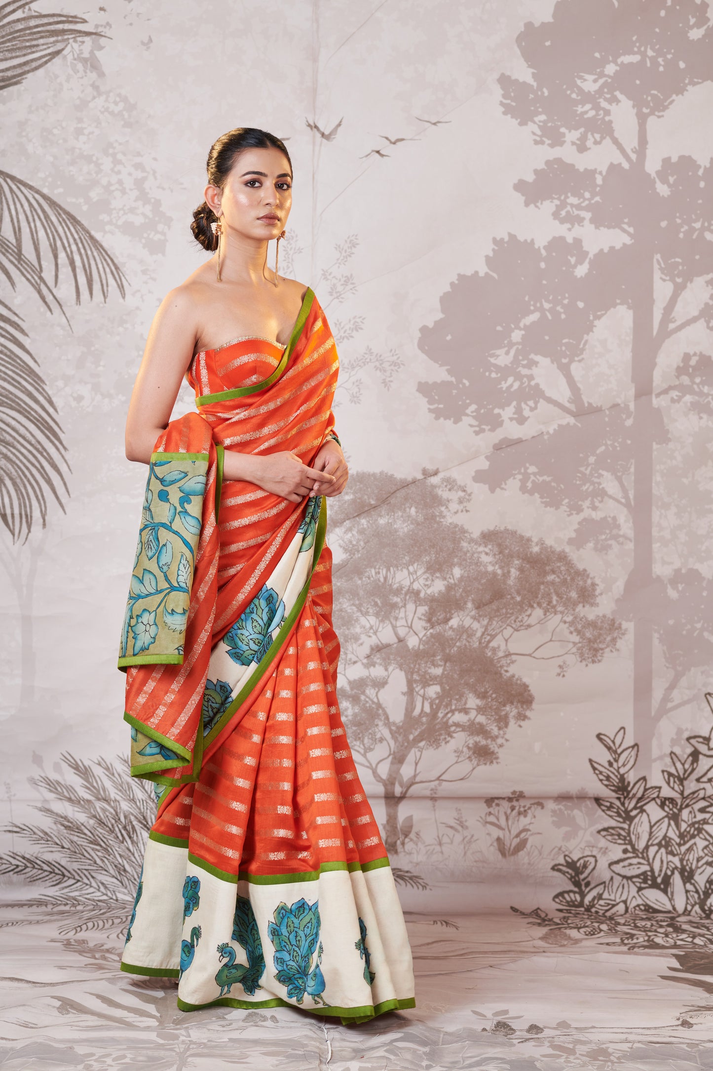 Tangerine Orange Peacock Hand-Painted Kalamkari Saree Set