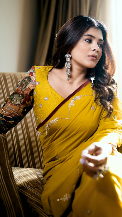 Oakre-Yellow Saree With Kalamkari Shell Blouse