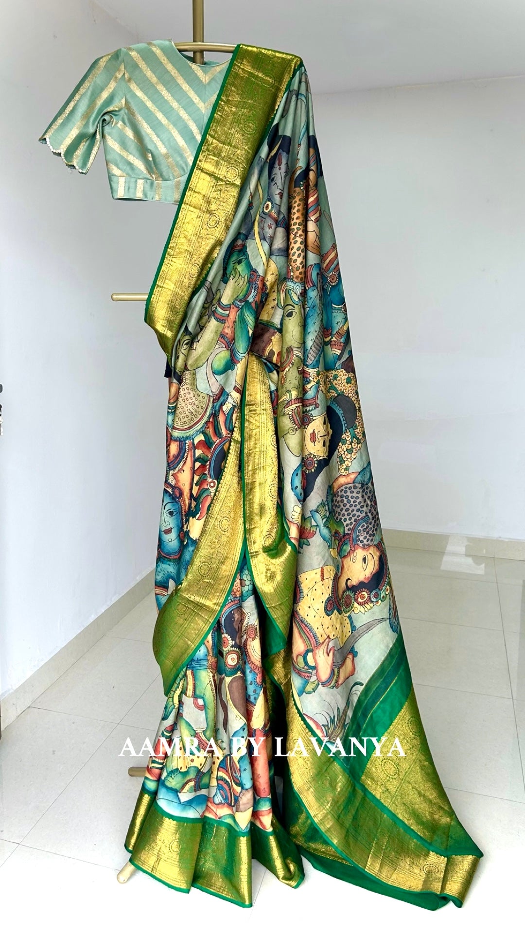 Hand-Painted Kalamkari Kanjeevaram Ramayanam Themed Saree