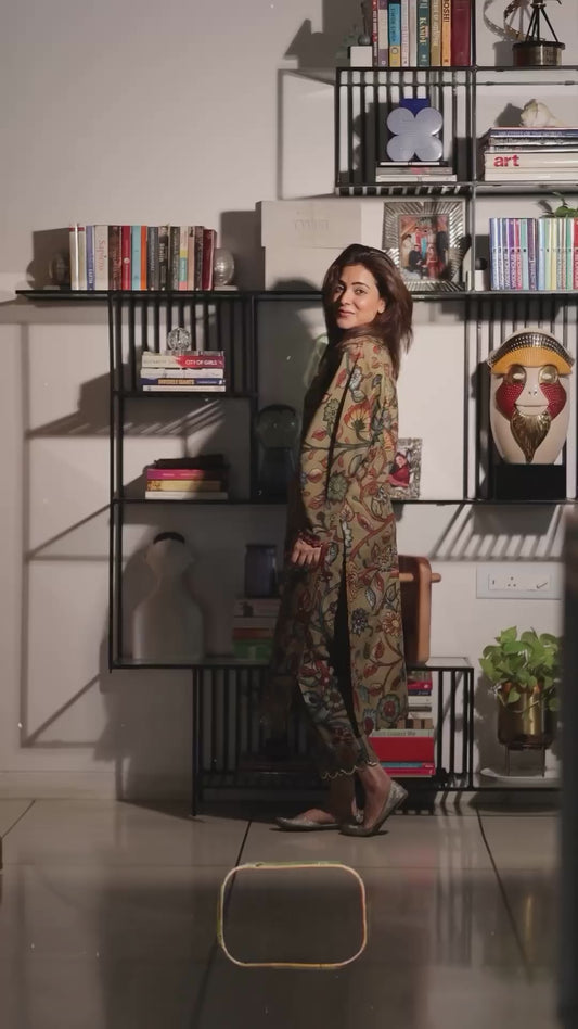 Olive-Green Kalamkari Floral Kurtha Set