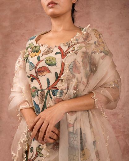 Ivory kalamkari kurta sharara set with dupatta