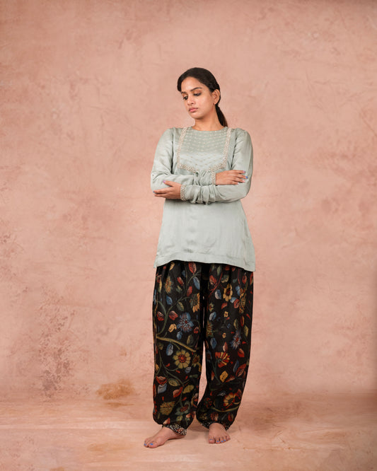 Ice-Blue Kurta With Kalamkari Dhoti Pants