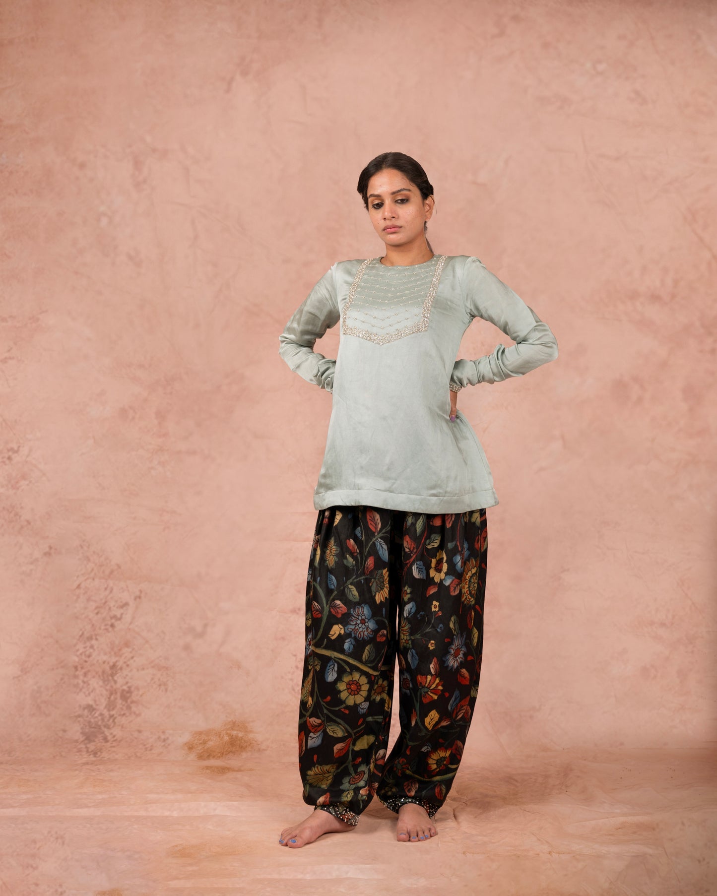 Ice-Blue Kurta With Kalamkari Dhoti Pants