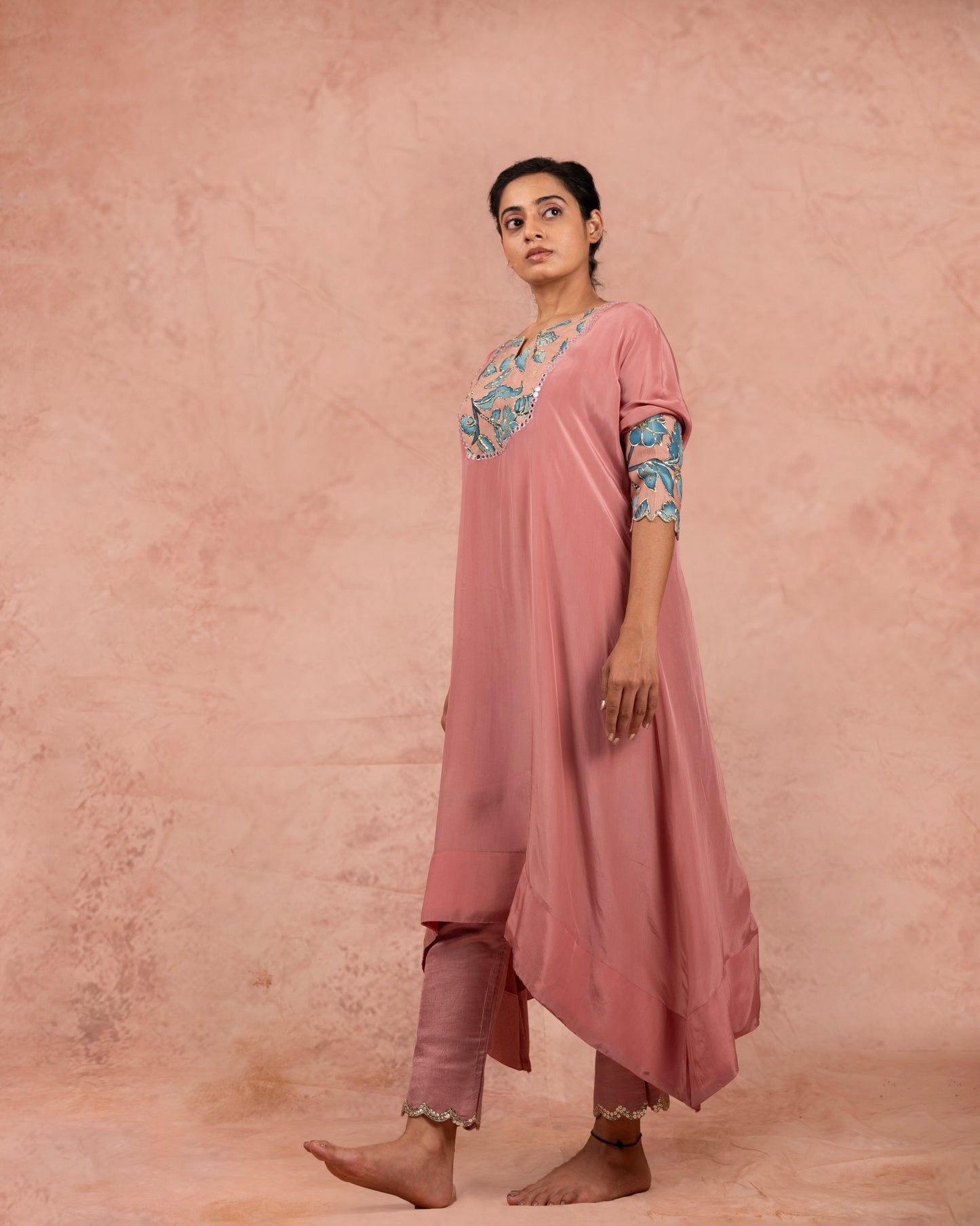 Sandrose-Pink Kalamkari Panel Kaftan Set