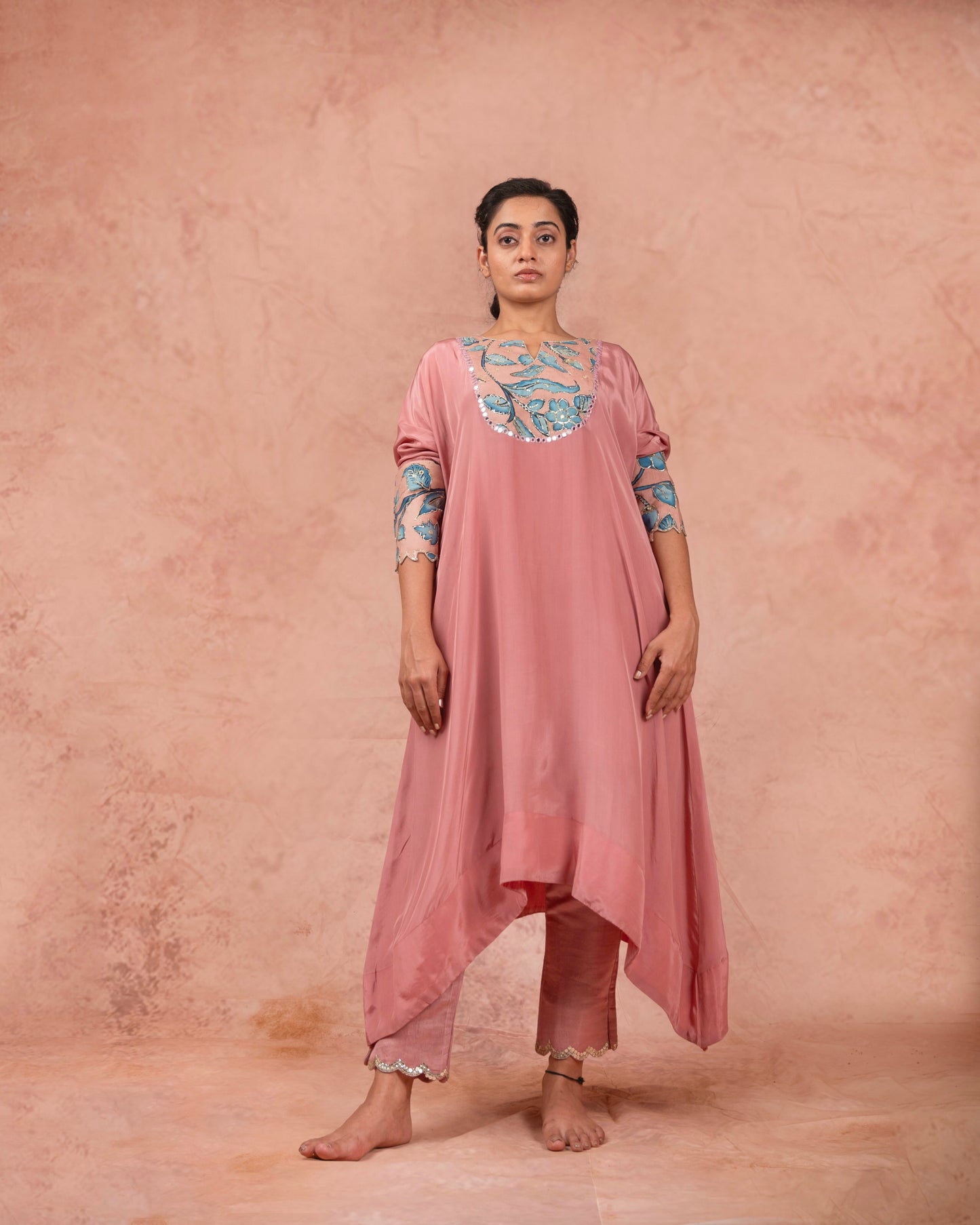 Sandrose-Pink Kalamkari Panel Kaftan Set