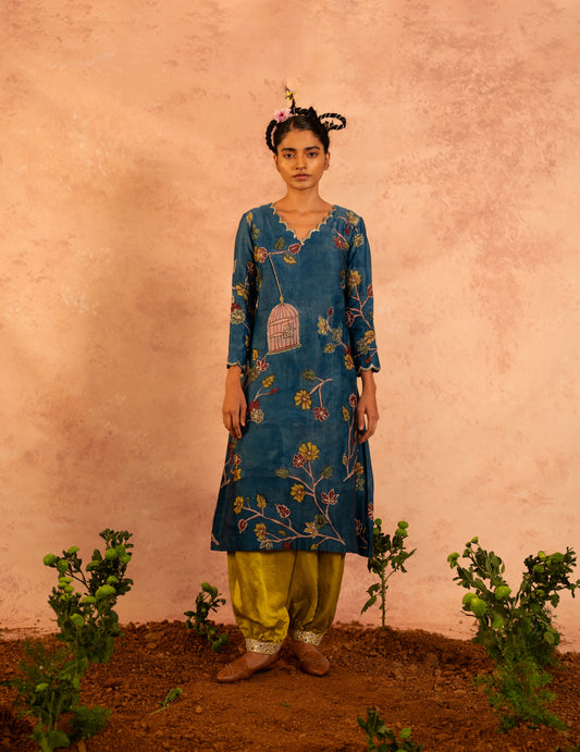 Indigo-Blue Kalamkari Bird Cage Kurta Set