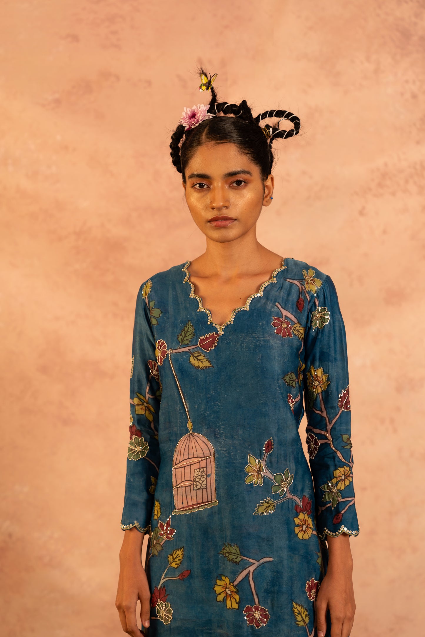 Indigo-Blue Kalamkari Bird Cage Kurta Set