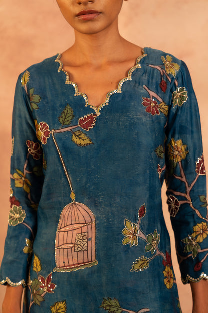 Indigo-Blue Kalamkari Bird Cage Kurta Set