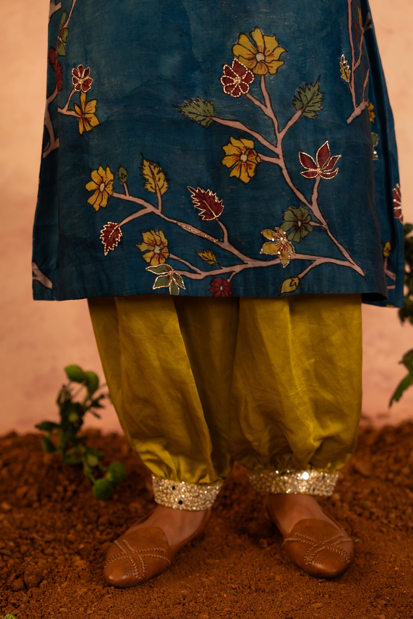 Indigo-Blue Kalamkari Bird Cage Kurta Set