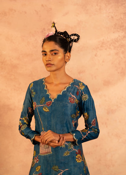 Indigo-Blue Kalamkari Bird Cage Kurta Set