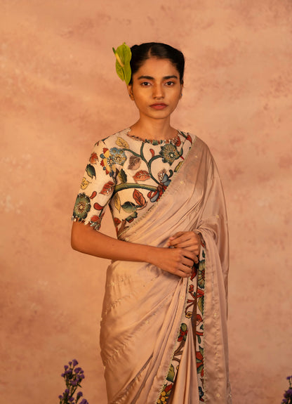 Champagne Saree With Kalamkari Blouse