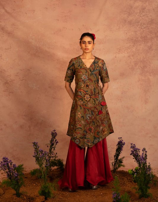 Olive-Green Kalamkari Wrap Tunic Sharara Set